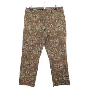 Liz Claiborne‎ Audra Pants Women 14P Brown Boho Print Pockets 100% Cotton AA54
